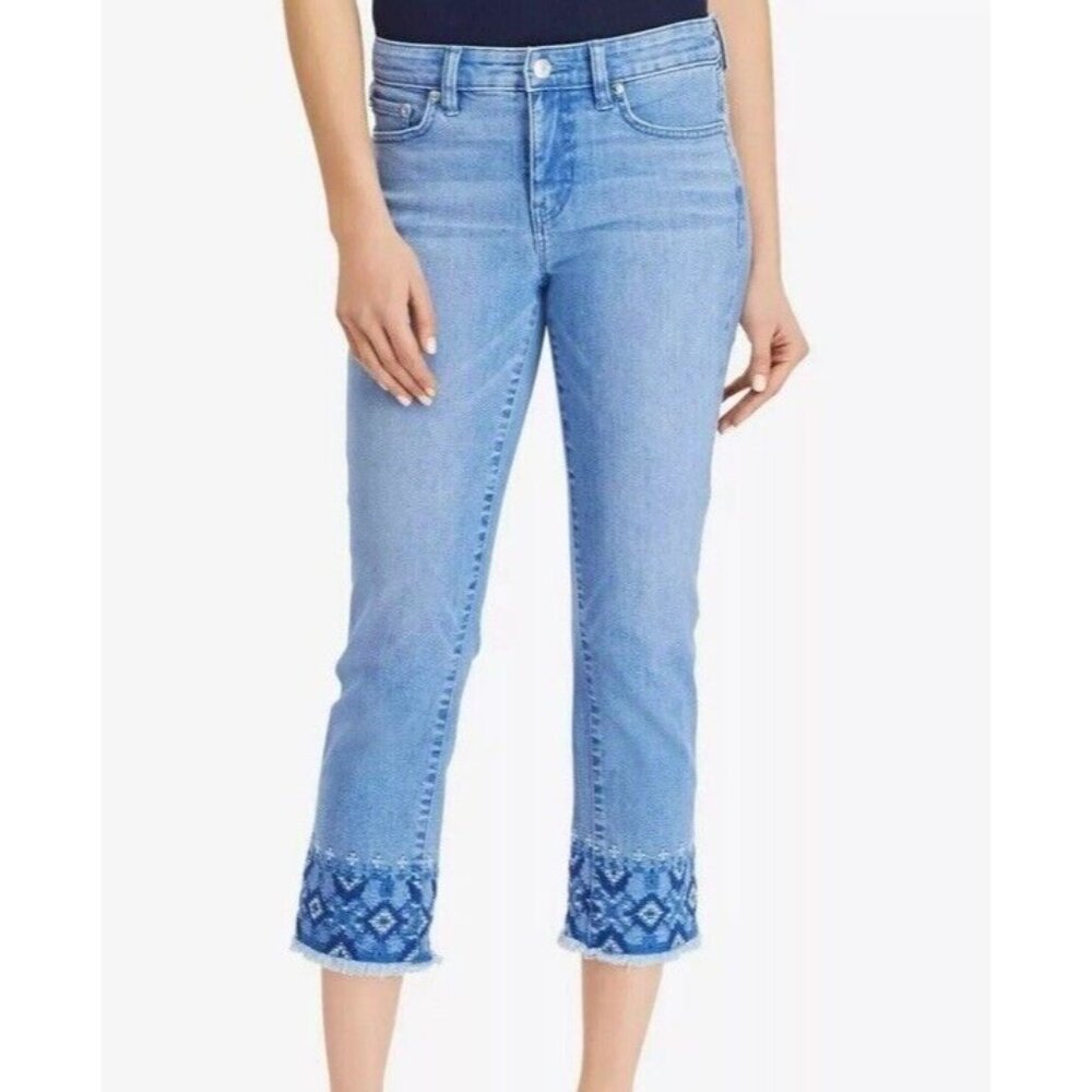 Lauren Ralph Lauren Premier Straight Crop Jeans 8 Embroidered Hem Blue Everyday